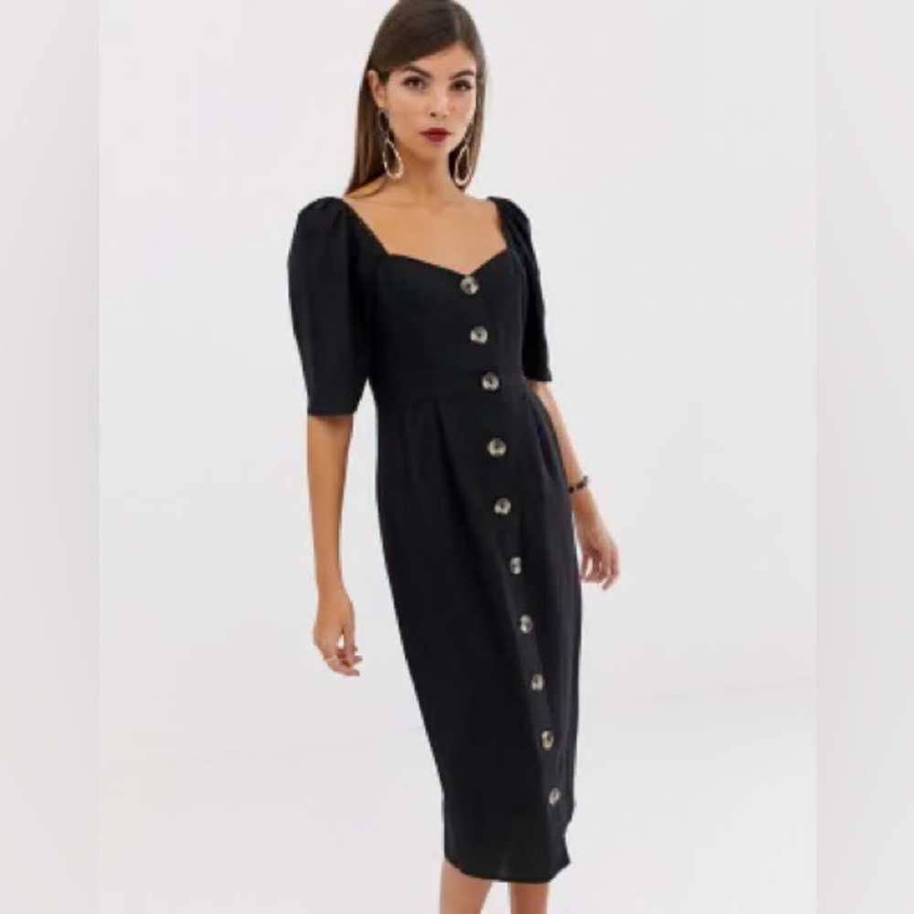 ASOS DESIGN Linen Button Through Midi Dress Black Old Money Size 6